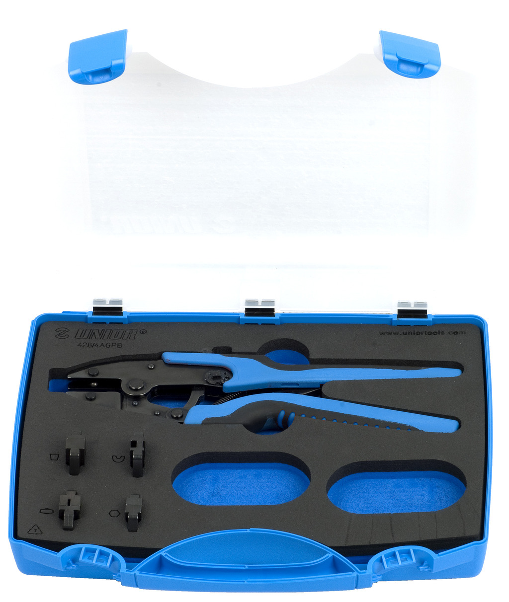 #demo# 428/4AGPB-Juego de tenazas grip para conexiones de cables con bocas intercambiables en un estuche de